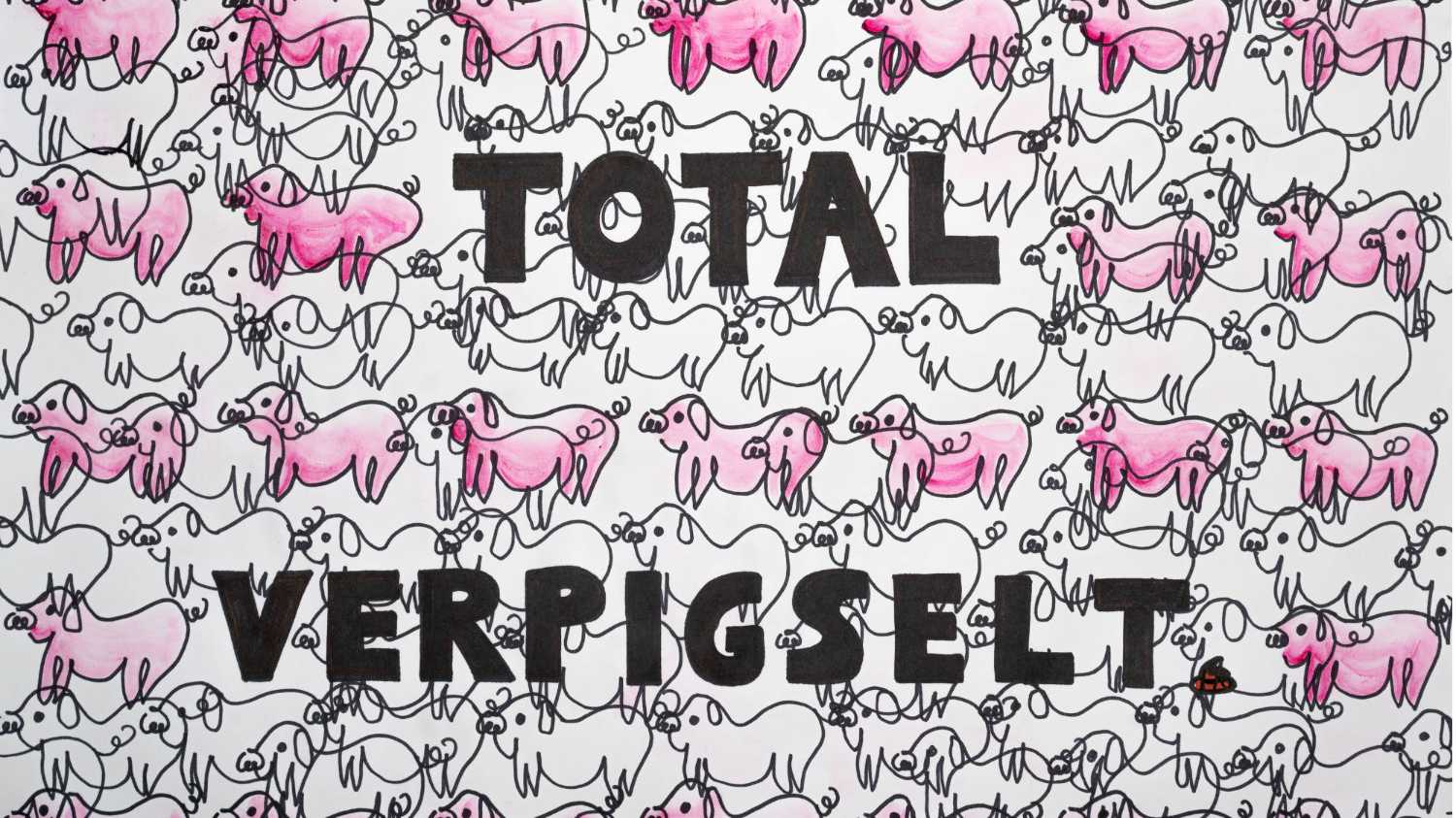 Bild einer Postkarte von Sahnewörtchen.de mit dem Titel: Total verpigselt. Auf der Karte sind zahllose Schweine abgebildet, die verschwommen aussehen.